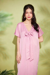 Silk Crepe Midi Dress with V-Neck and Bow Detail